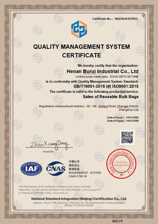 ISO 9001:2015 Quality Management System Certificate for Henan Burui Industrial Co., Ltd.